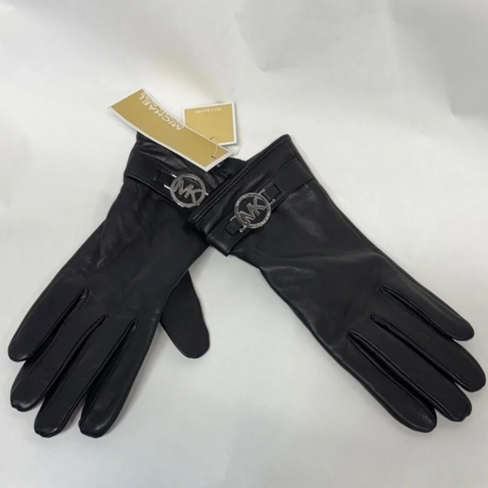 Michael Kors black  Genuine Leather with Logo Gloves with Touch Tips S